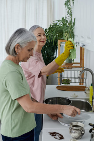 Two mature women, a lesbian couple, clean their modern kitchen together. One woman washes dishes while the other wipes down cabinets.の写真素材