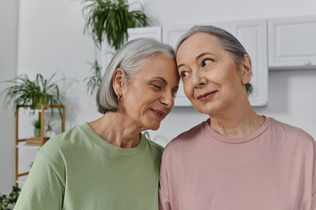 A mature lesbian couple shares a tender moment in their modern apartment, showcasing their love and connection.の写真素材