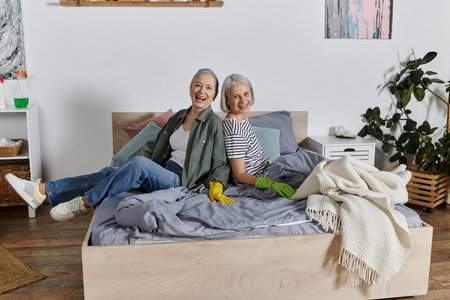 Two mature lesbian women cleaning their modern apartment together, smiling and laughing on the bed.の写真素材