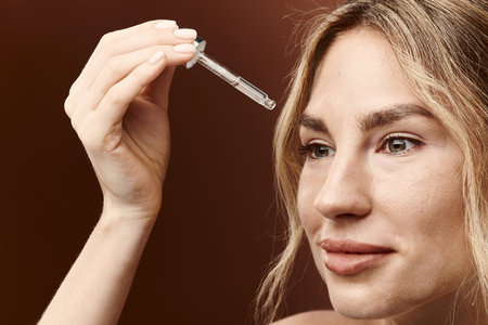 A young woman with vitiligo applies skincare to her face with a dropper.