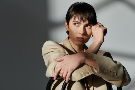 A woman with short hair poses in a studio, bathed in soft sunlight.