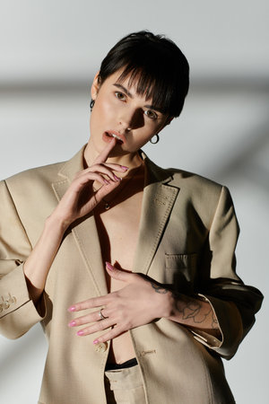 A woman in a tan blazer poses confidently against a white backdrop.の写真素材