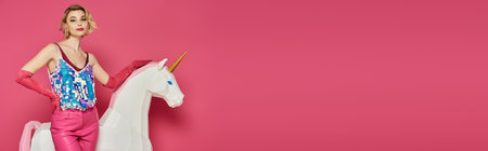 A woman wearing a bright pink outfit rides a white unicorn against a pink backdrop.