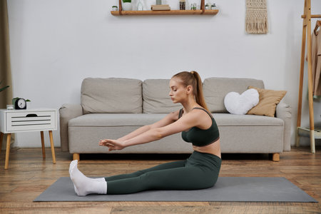A young woman performs a yoga stretch at home, focusing on her well-being.の写真素材