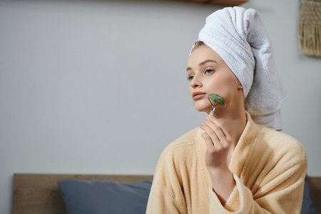 A young woman relaxes at home, using a jade roller on her face.の写真素材