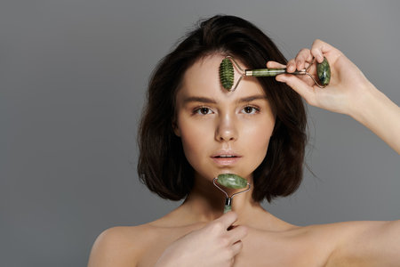 A woman uses a jade roller on her face, a popular beauty treatment.の写真素材