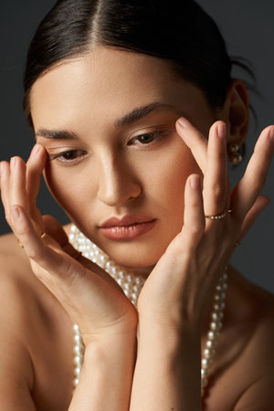 A close-up portrait of a young woman with dark hair, wearing a pearl necklace. She gazes down, her hands resting gently on her face.の写真素材