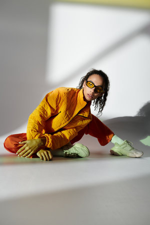 A stylish African American woman wearing a yellow jacket and orange pants poses in a studio.の写真素材