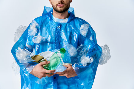 A man stands surrounded by plastic waste, highlighting the issue of pollution.の写真素材