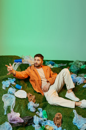 A man lies on a bed of green grass, surrounded by plastic bags and containers.