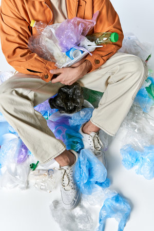 A man sits amongst a pile of plastic bags and bottles, holding more in his lap.の写真素材