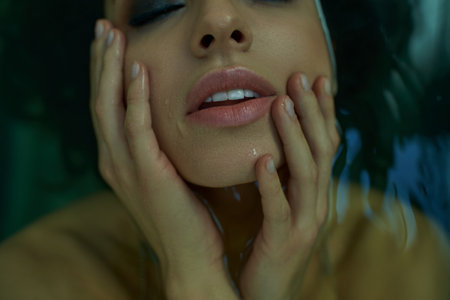 A young woman with wet brunette hair emerges from the water, her hands cradling her face as she gazes intently into the distance.の写真素材