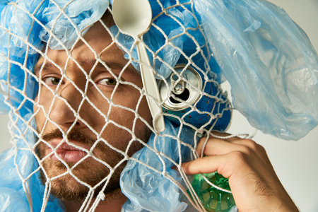 Mans face hidden by net and plastic bags, showing impact of plastic pollution.の写真素材