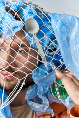 A man's face is partially obscured by a net and plastic bags.