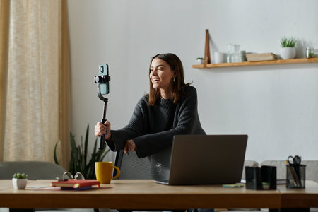 A young woman in a grey sweater sits at her home office desk, holding a smartphone on a tripod and smiling while recording.の写真素材