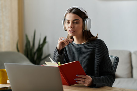 A young woman in a grey sweater is working from home, sitting at a desk with a laptop and a...
