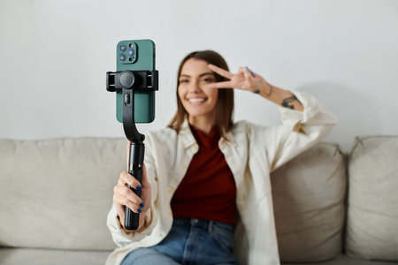 A young woman casually dressed films content for her vlog using a smartphone stabilizer, sitting on...