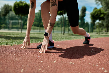 A young woman with vitiligo and a tattoo in active wear prepares to run on a track, her hand...