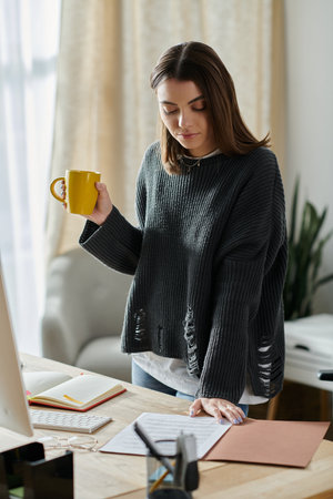 Young woman in grey sweater at home office, holding yellow mug, reviewing documents for social media...