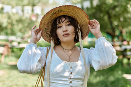 A young woman, dressed in a white blouse and straw hat, enjoys a sunny summer day in a lush garden.