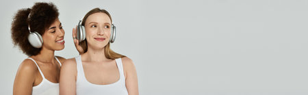 Two women, one Black and one white, wearing white tank tops, listen to music with headphones in front of a grey background.の写真素材