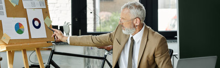 A mature LGBTQ teacher with a beard points to a chart on a whiteboard while teaching online.