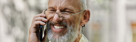 A mature man with a beard smiles and laughs while talking on his cell phone.