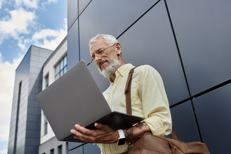 A mature gay man with a beard checks his laptop while standing outside a modern building.の写真素材