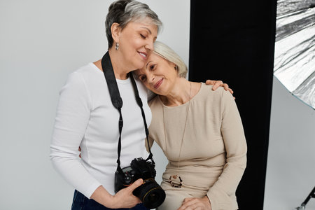 Two mature lesbians pose lovingly in a photo studio, one holding a camera, the other resting her head on her partner shoulderの写真素材