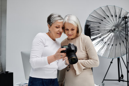 Two mature women, a photographer and her model, look over a photograph together in a studio.