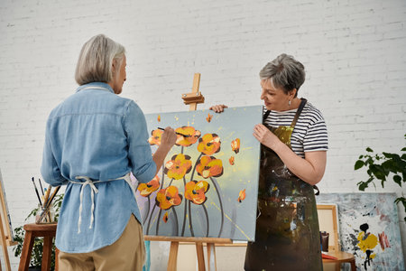 Two women stand in an art studio, one painting a canvas while the other admires the work.の写真素材