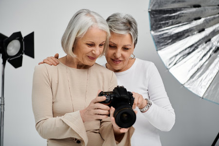 A mature lesbian couple poses for a photo shoot in a studio setting.の写真素材