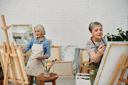 Two mature women, dressed in casual attire, paint at easels in an art studio filled with canvases and supplies.の写真素材
