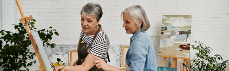 Two mature lesbian women paint together in a light-filled art studio, sharing artistic passion and skill.の写真素材