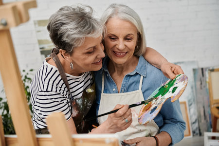 Two mature women, a lesbian couple, paint together in an art studio.の写真素材