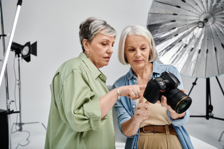 Two mature women, a photographer and a model, examine a photo on a camera in a studio setting.の写真素材