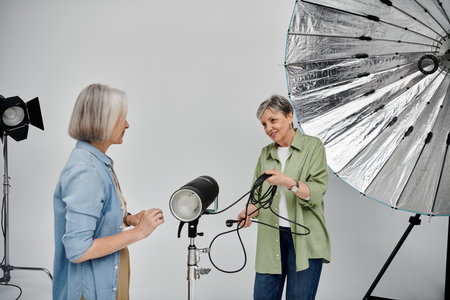 A mature lesbian couple works together in a photo studio, one as the photographer, the other as the model.の写真素材