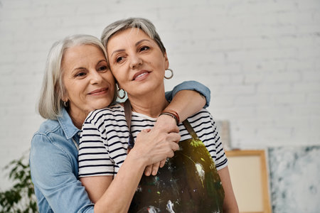 Two mature women, a lesbian couple, embrace in their art studio.の写真素材