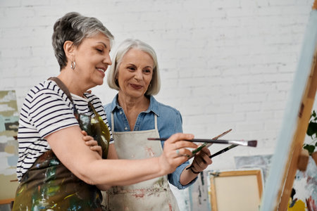 Two older women, a lesbian couple, paint together in an art studio, laughing and learning new skills.の写真素材
