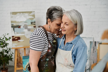 Two mature women in paint-splattered aprons share a tender moment in an art studio, faces full of love and joyの写真素材