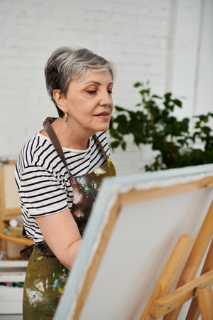 A mature woman in an art studio, wearing a striped shirt and an apron, looks at a blank canvas on an easel.の写真素材