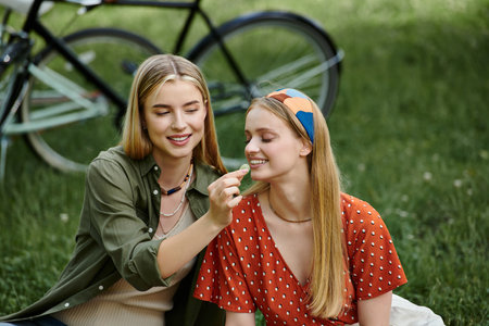 Two young women enjoy a romantic picnic date in a green park.の写真素材