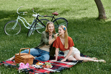 A young lesbian couple enjoys a picnic in a green park, feeding each other fruit and sharing a smile.の写真素材