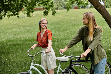 Two women on a romantic bike ride, smiling at each other in a grassy park.の写真素材