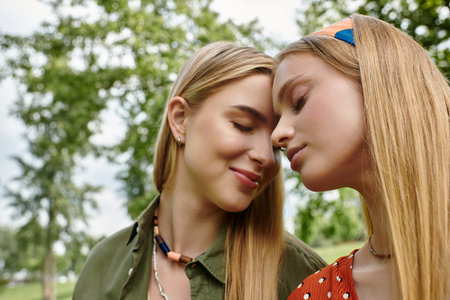 A lesbian couple embraces with closed eyes in a lush green park.の写真素材