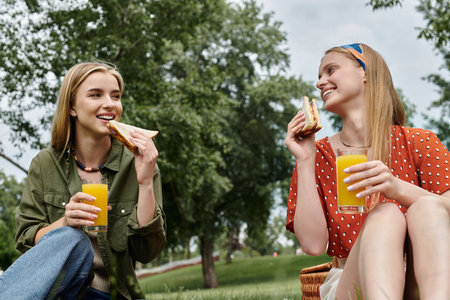 Two young women enjoy a sunny picnic in a green park, sharing sandwiches and juice.の写真素材