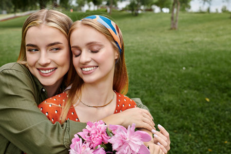 Two young women embrace in a lush green park, surrounded by vibrant pink flowers.の写真素材