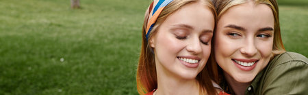 Two young women, smiling and close together, enjoying a sunny afternoon in a park.の写真素材