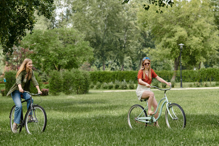 Two young women ride their bicycles together in a sunny green park.の写真素材