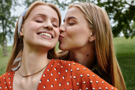 A young woman in a red polka dot dress smiles as her girlfriend kisses her cheek while on a date in a green park.の写真素材